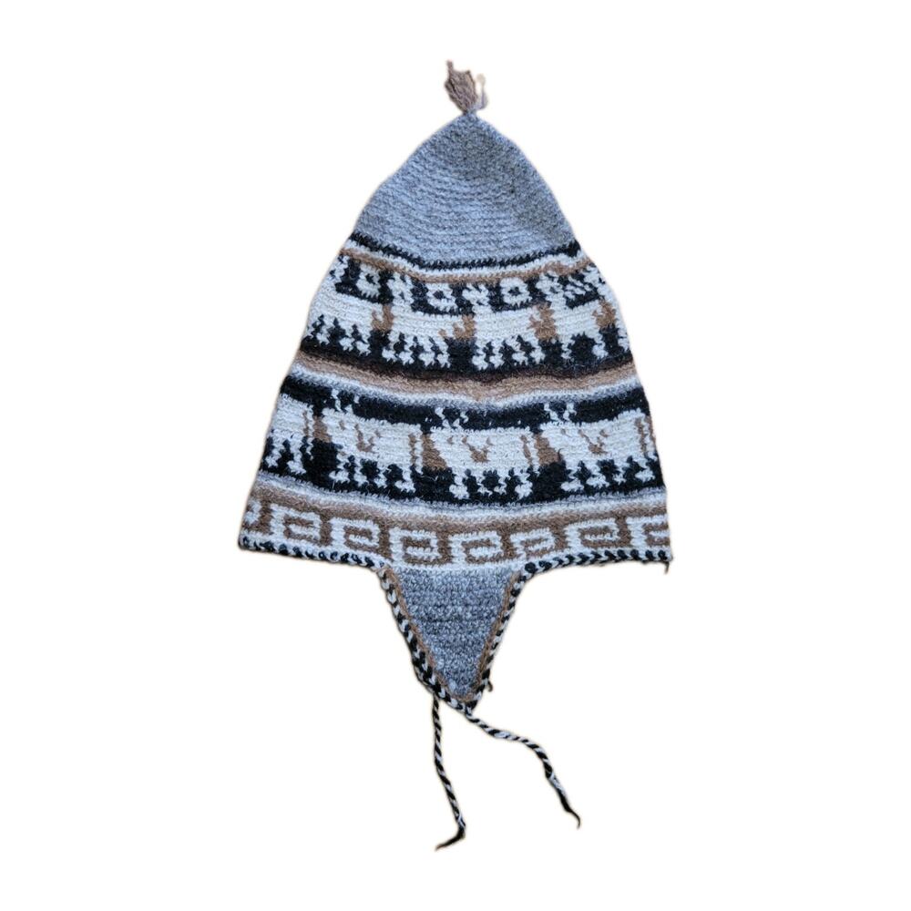 Peru Alpaca Wool Shaman Chullo Toque Hat Pointy Tassle Ear Flaps Exotic Vintage